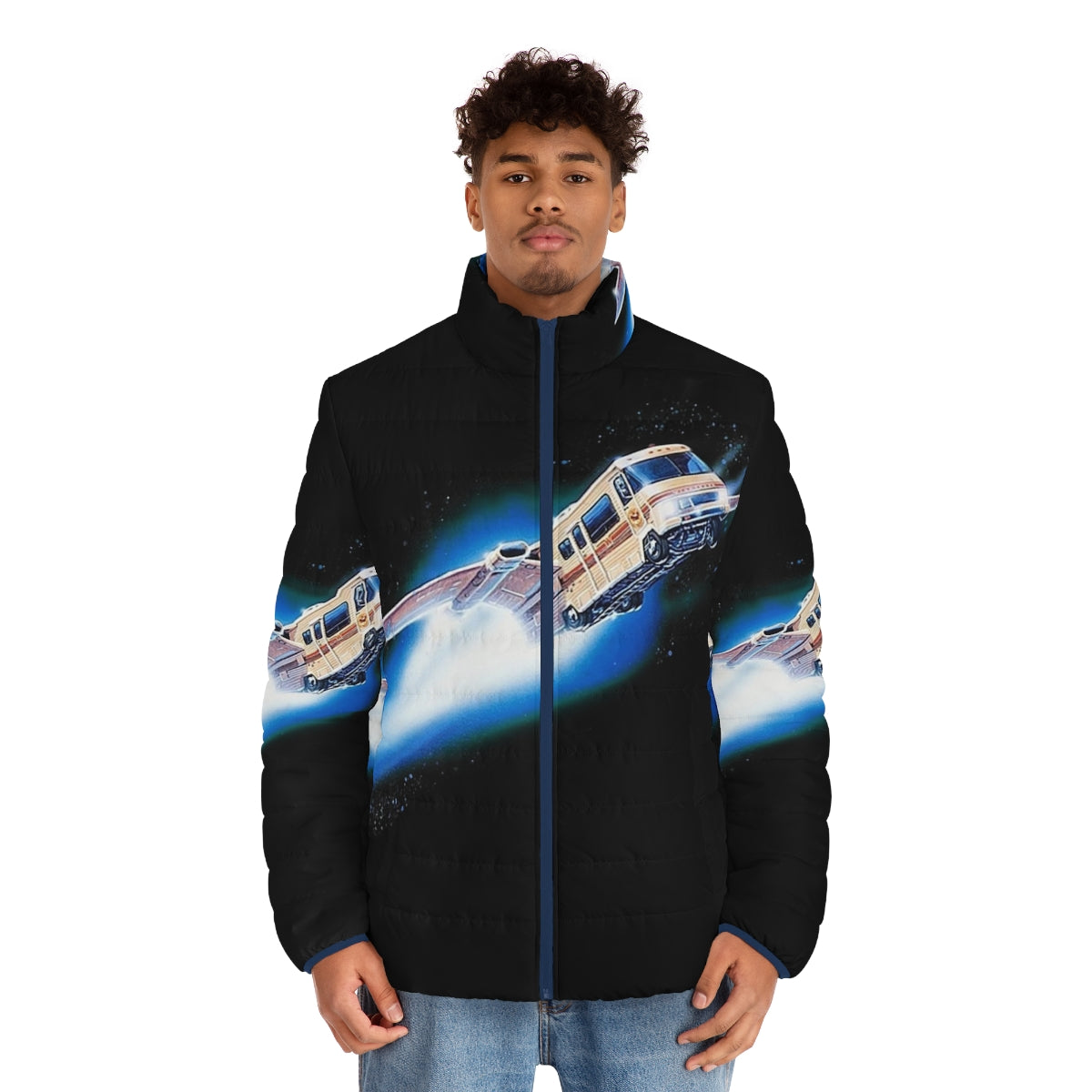 Spaceballs Winnebago Puffer Jacket featuring the iconic Spaceballs starship design - men front