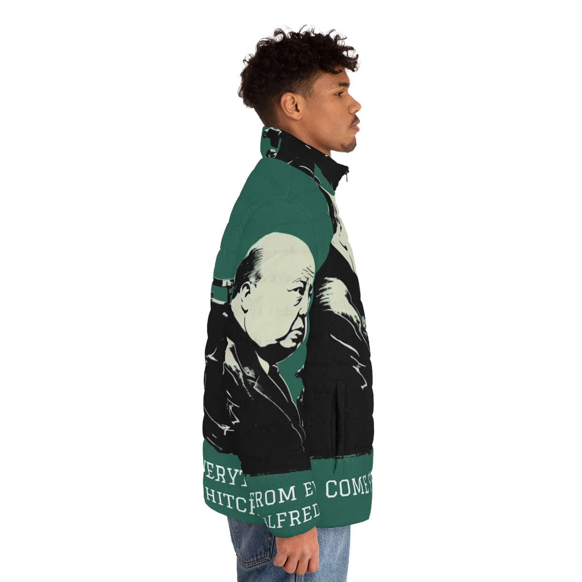 Alfred Hitchcock inspired puffer jacket with illustration - men side right