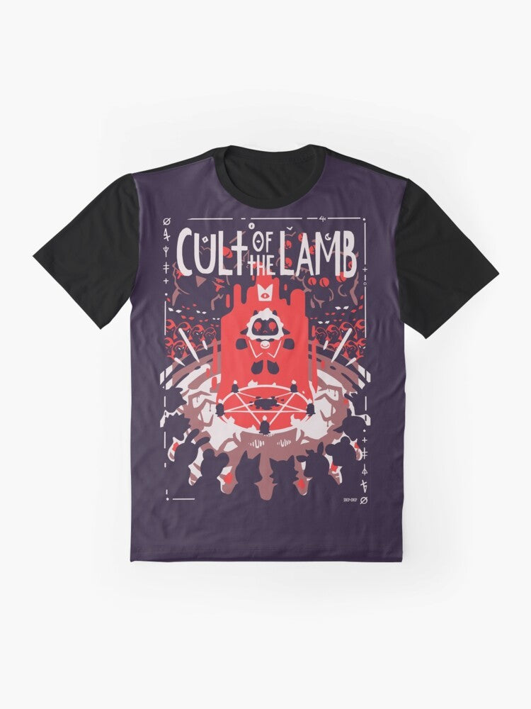 Cult of the Lamb graphic t-shirt featuring a stylized sheep design - Flat lay