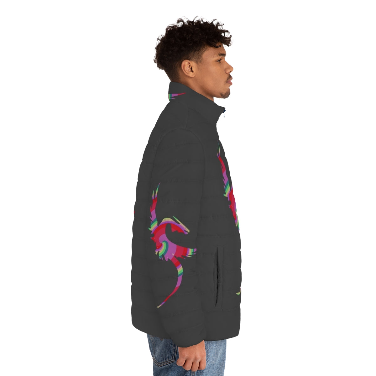 Colorful puffer jacket with a dragon and legendary animal design - men side right