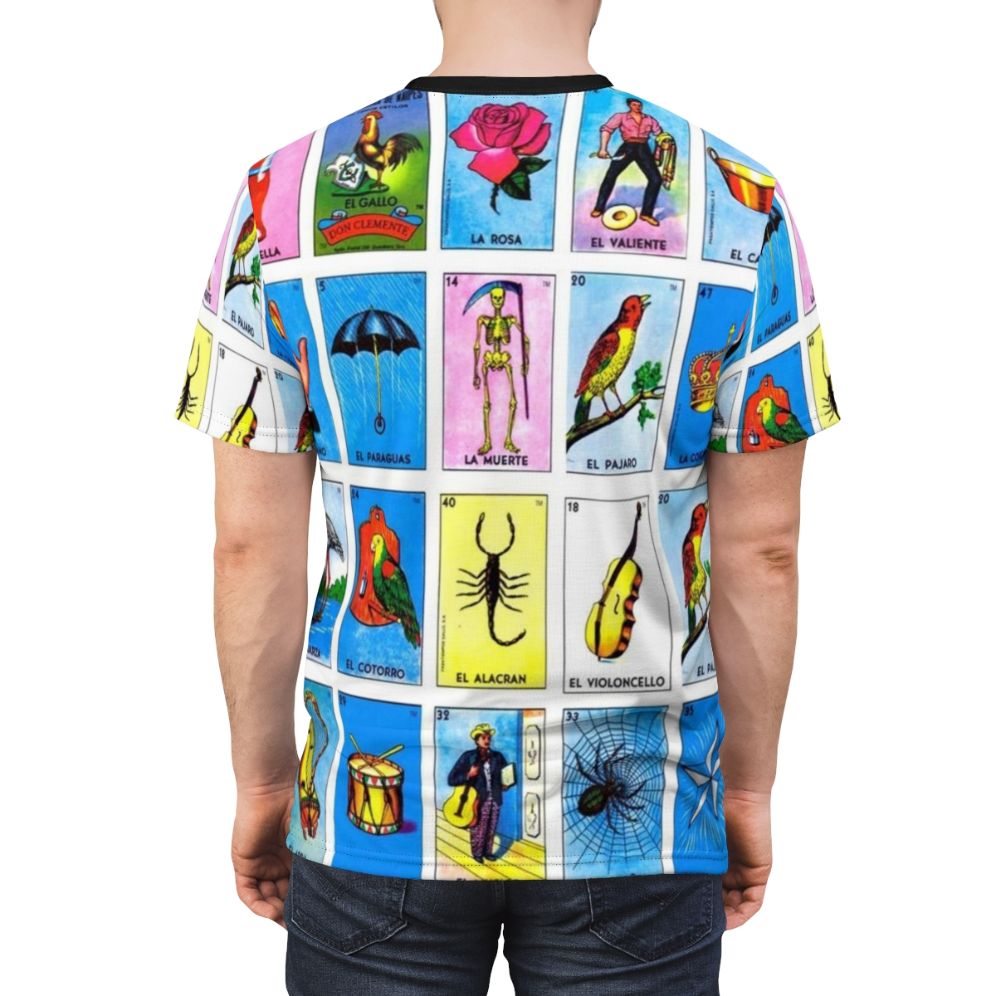 Colorful t-shirt design featuring Mexican-inspired bingo symbols and elements - men back