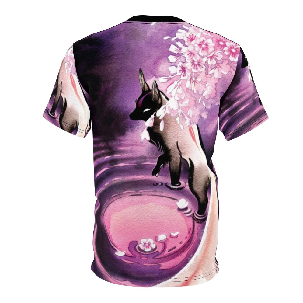 Stunning anime-inspired t-shirt design featuring a rose moon, sakura blossoms, and a kitsune fox - Back