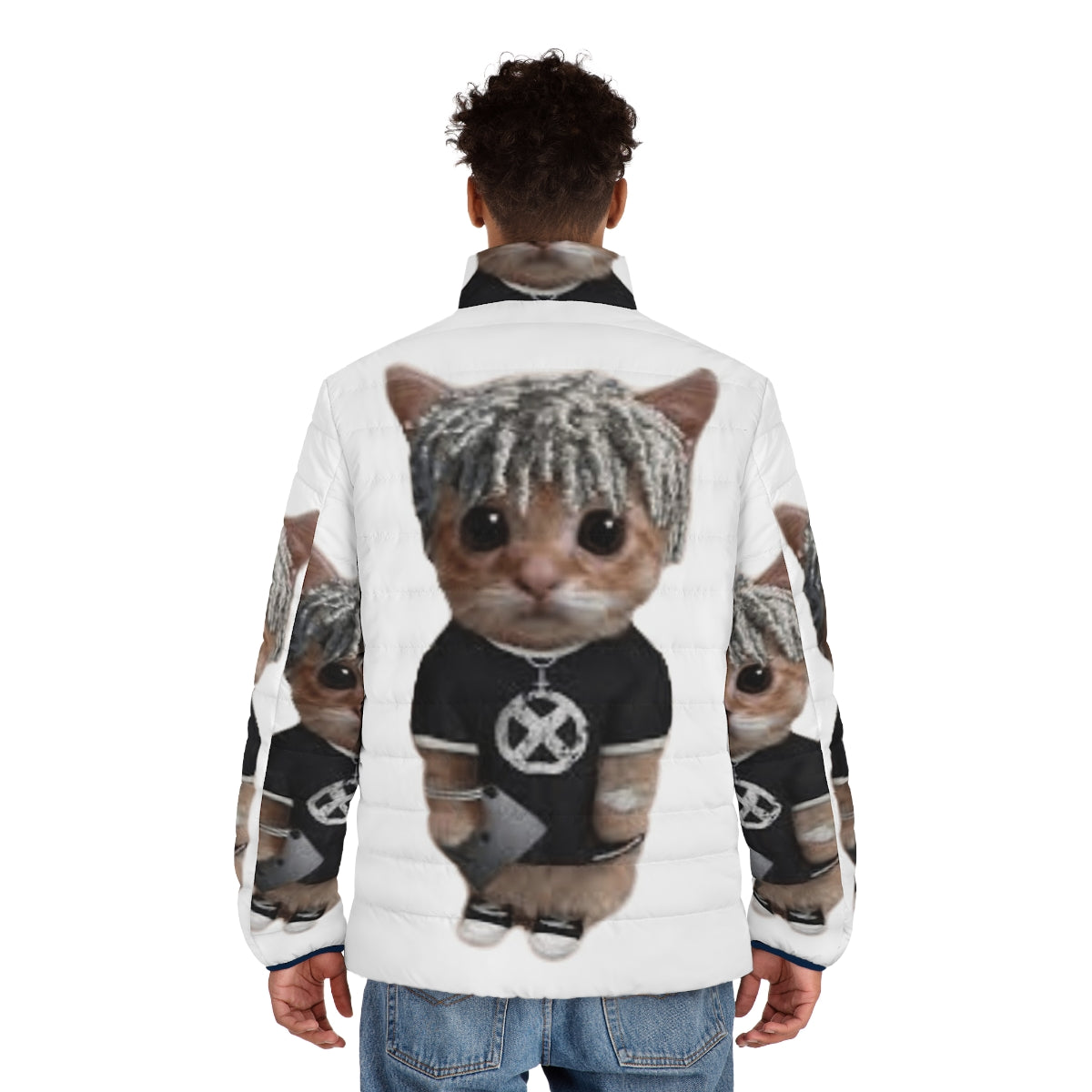 Ken Carson wearing a cat-themed puffer jacket - men back