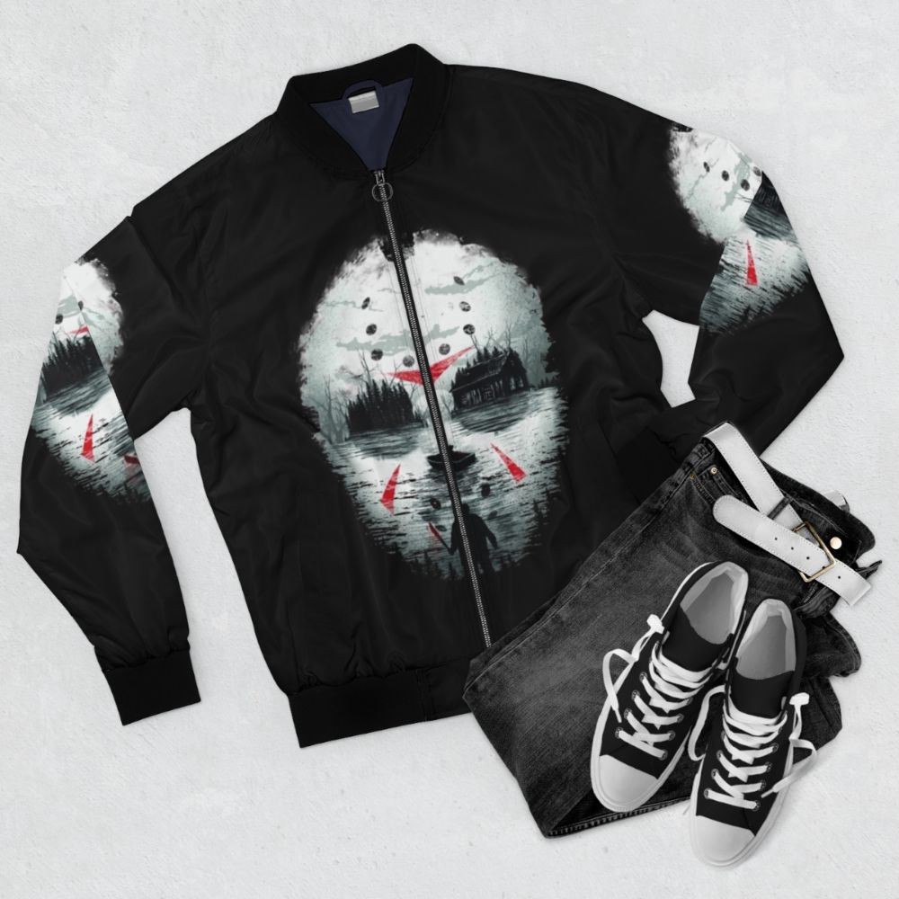 A stylish bomber jacket featuring an illustration of the iconic Friday the 13th horror movie character Jason. - Flat lay