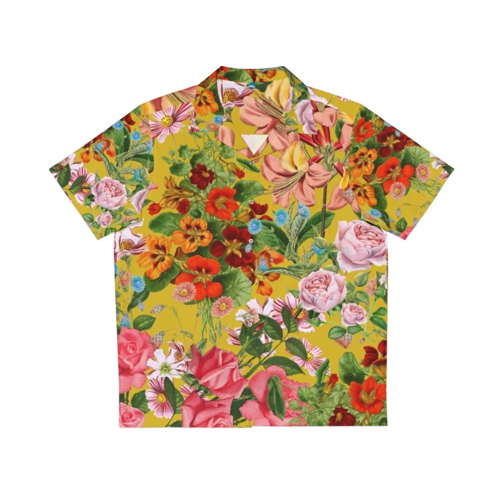 yellow floral vintage hawaiian shirt patterned with peonies