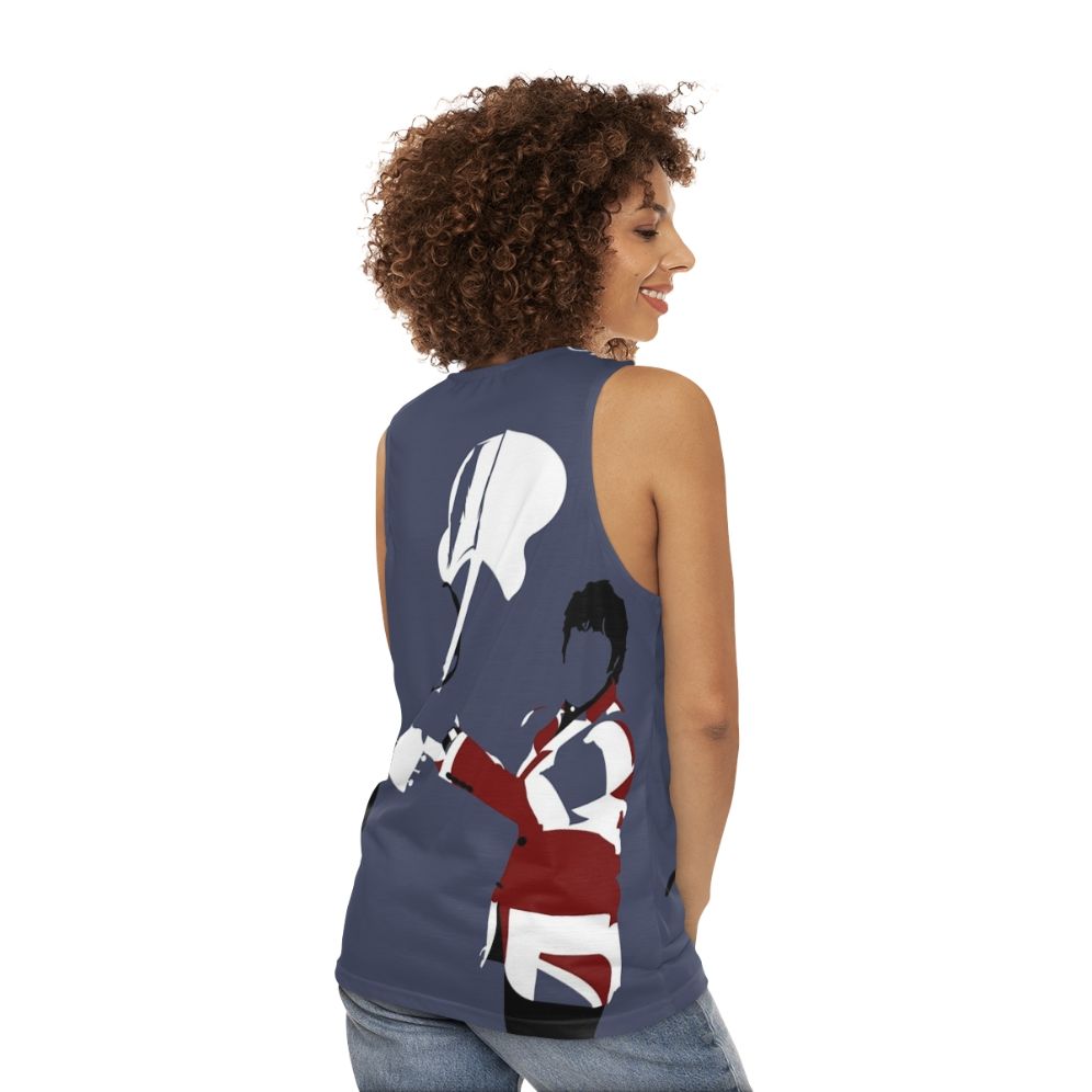 Unisex tank top with minimalist art of Pete Townshend's smashing guitar - women back