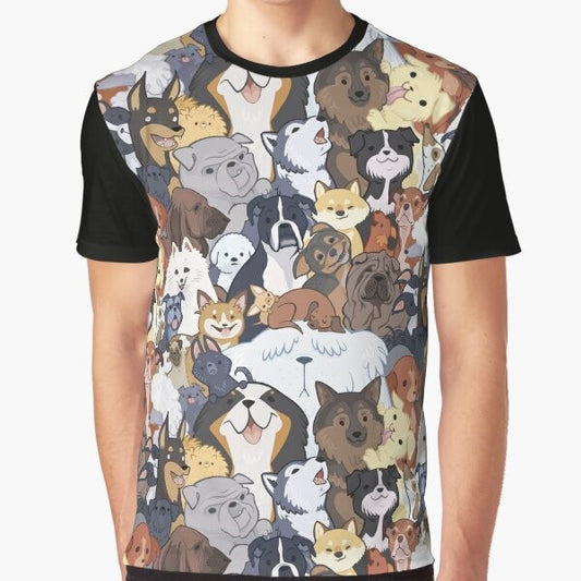 Graphic t-shirt featuring a colorful, playful design of various dog breeds, including german shepherd, golden retriever, and more, in a "pupper party" theme.