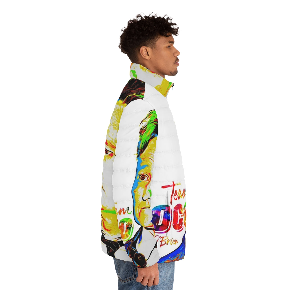 Conan O'Brien Team Coco Puffer Jacket featuring a cool watercolor portrait design - men side right