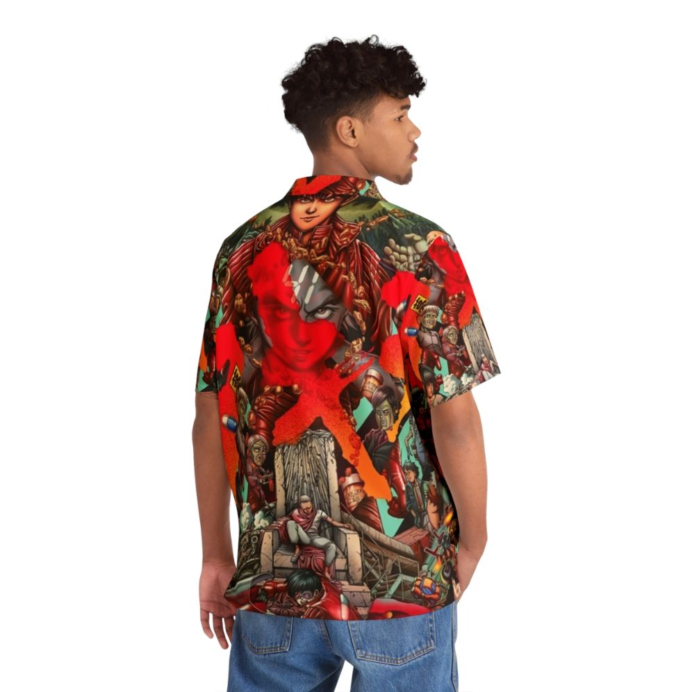 Akira-inspired Hawaiian shirt with retro Japanese cyberpunk design - Flat lay