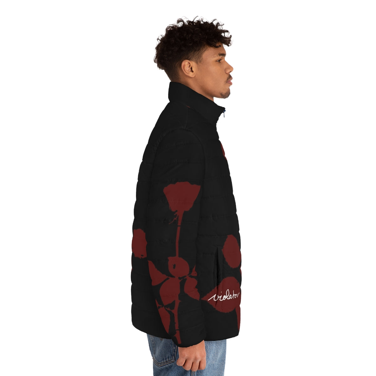 A cozy puffer jacket featuring a rose design, perfect for music lovers and best friends - men side right