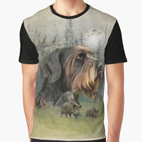 German Wirehaired Pointer boar hunting graphic design for outdoor enthusiasts and hunting dog owners.