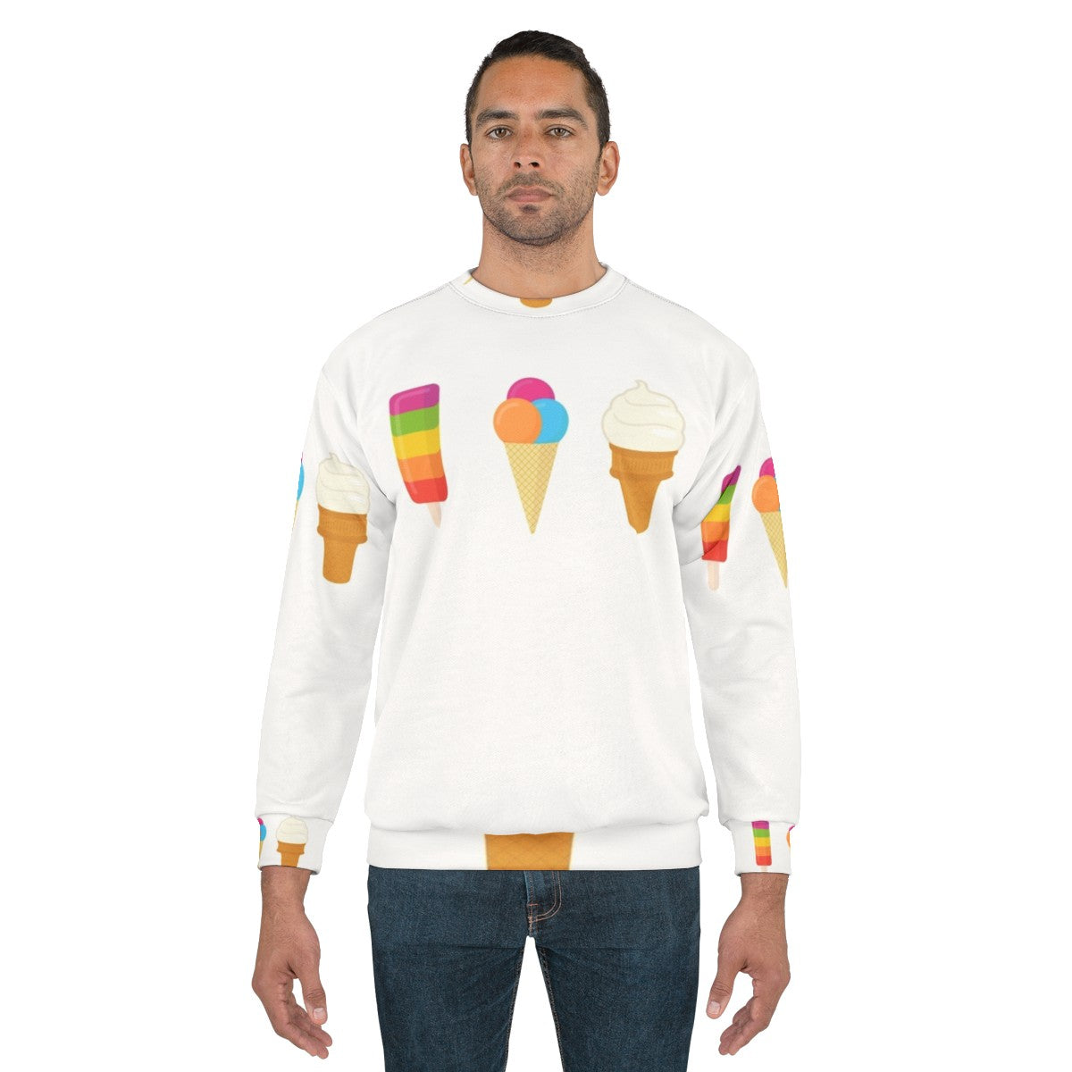 Colorful ice cream sweatshirt with popsicle, cone, and lolly pop graphics - men