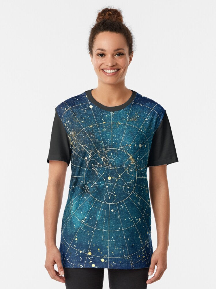 Graphic t-shirt featuring a star map design with city lights against a dark night sky - Women