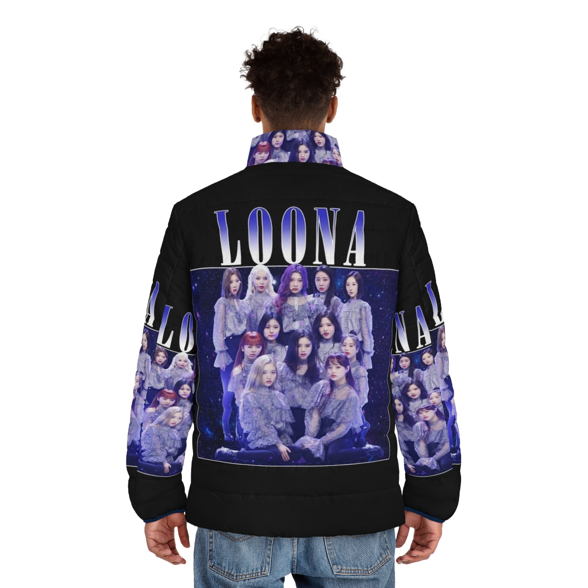 Vintage Loona Puffer Jacket with Retro Korean Kpop Band Tribute Design - men back