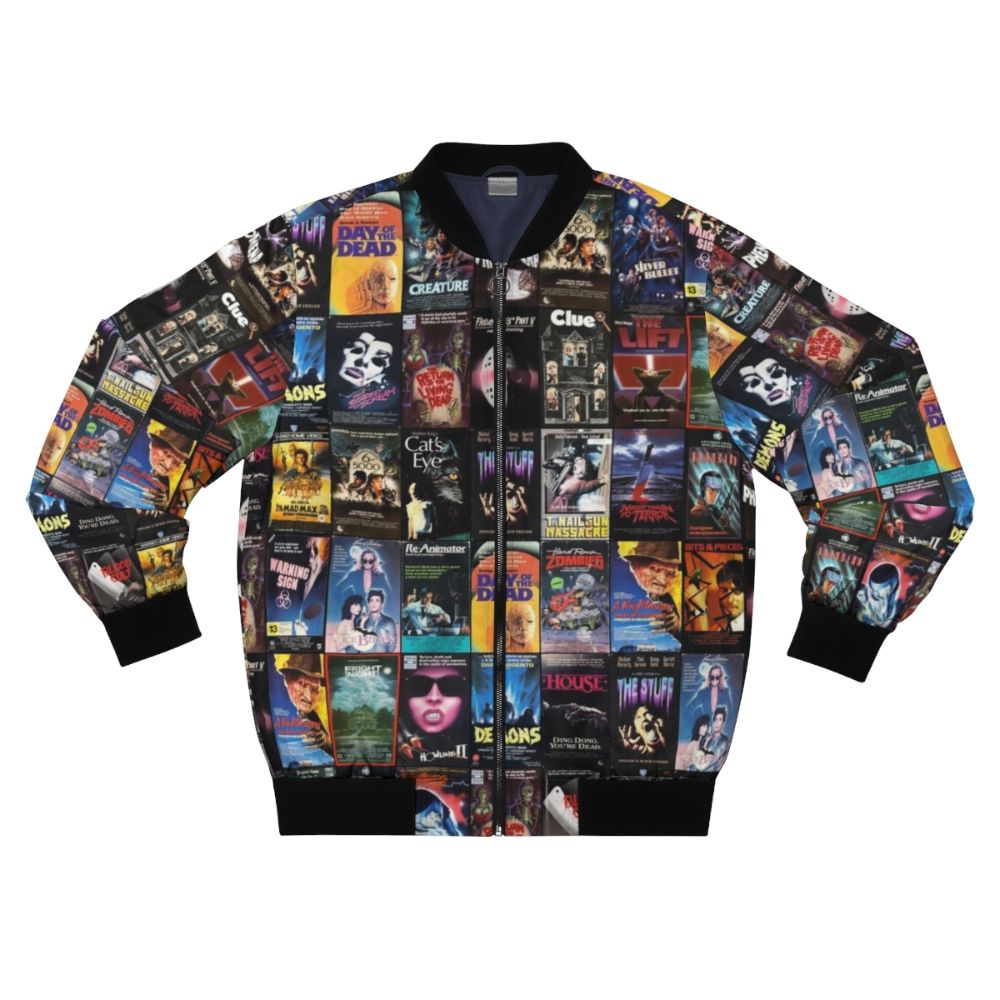 Retro horror VHS artwork design on a 1980s-inspired bomber jacket