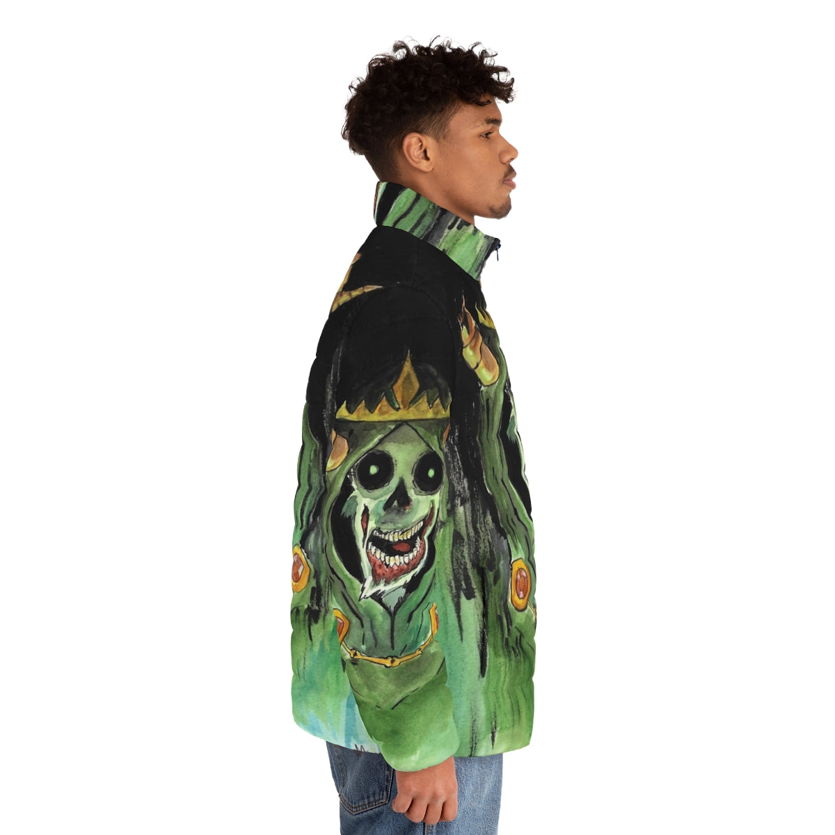 A puffer jacket with a lich or undead skull design, perfect for horror and fantasy enthusiasts - men side right