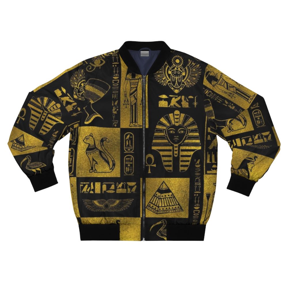 Ancient Egyptian Gold Hieroglyphic Bomber Jacket with Symbolic Designs