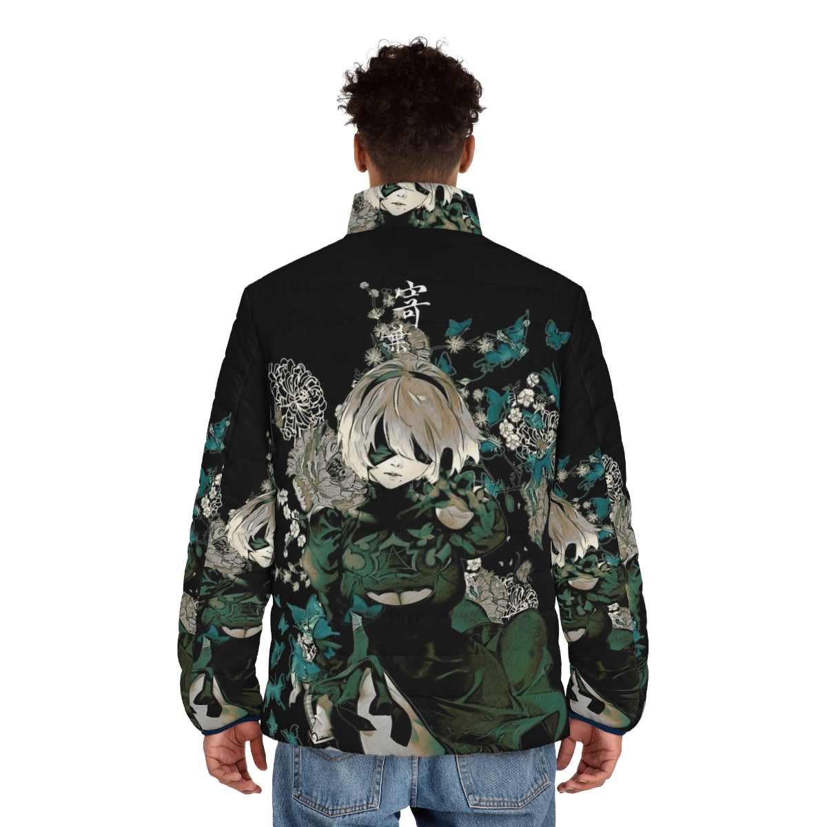 Butterflies and garden-inspired puffer jacket with Nier Automata characters - men back