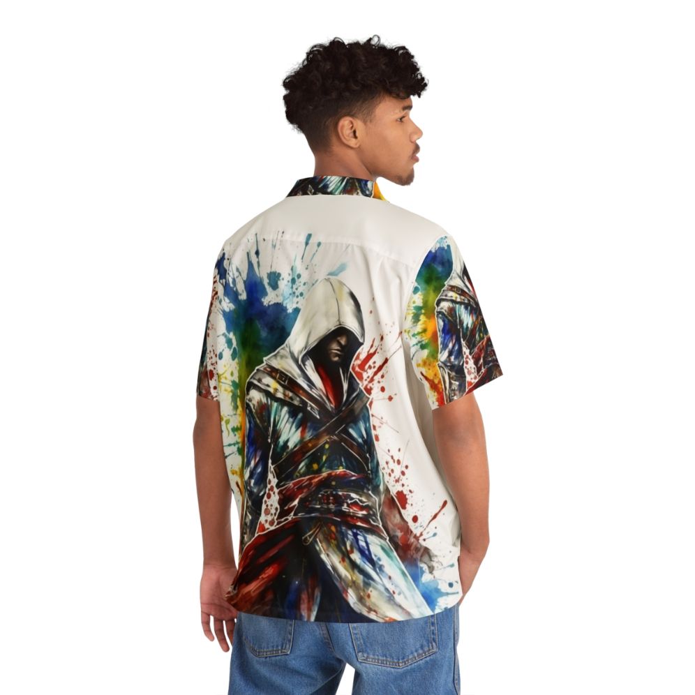 Assassins Creed inspired Hawaiian shirt with sketch splatter design - Flat lay