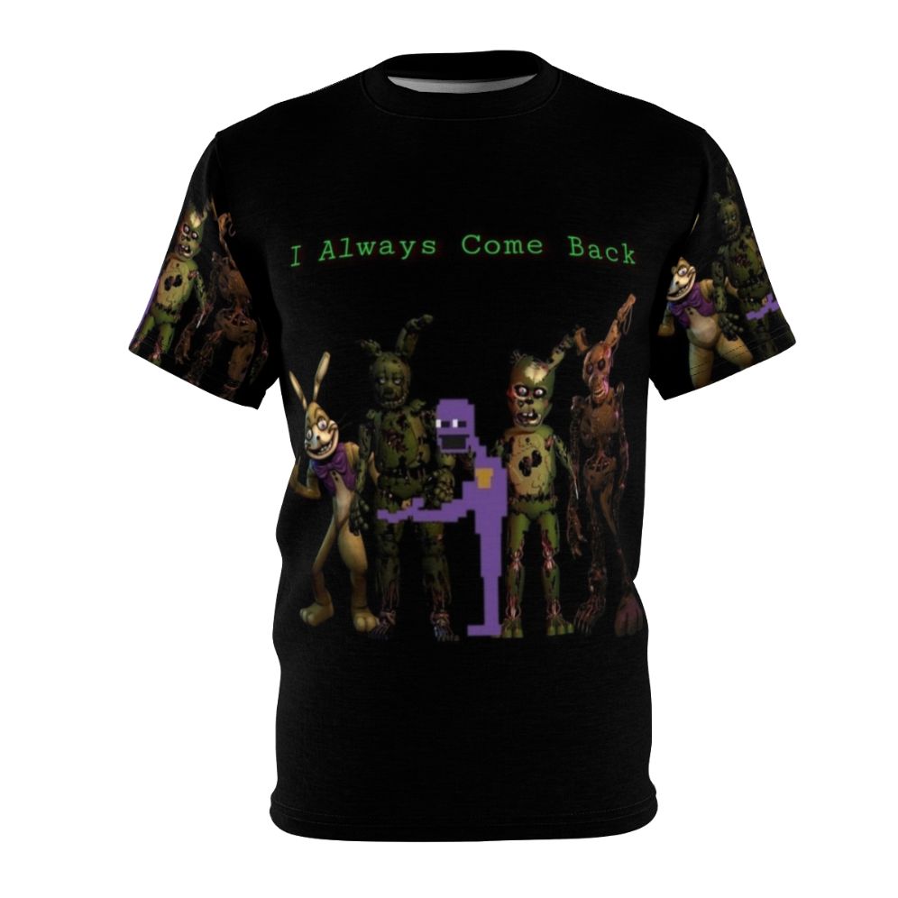 "FNAF-inspired AOP t-shirt featuring the 'Always Come Back' design"