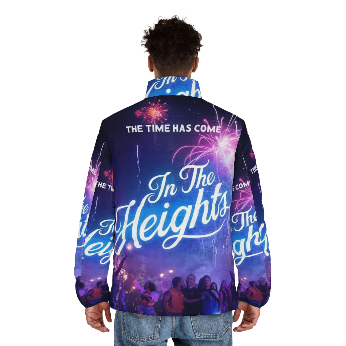 Model wearing the "In The Heights" themed puffer jacket - men back