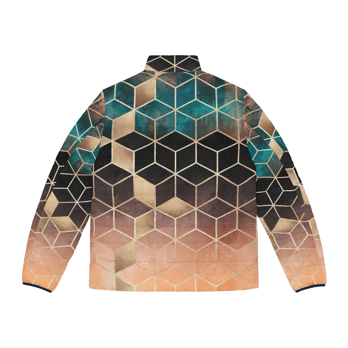 Ombre Dream Cubes Geometric Puffer Jacket with a modern, abstract cube pattern - Back