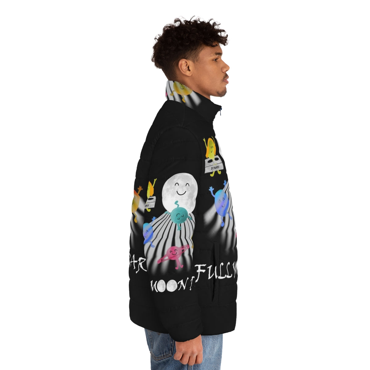 Colorful full moon party puffer jacket with space and dancing motifs - men side right