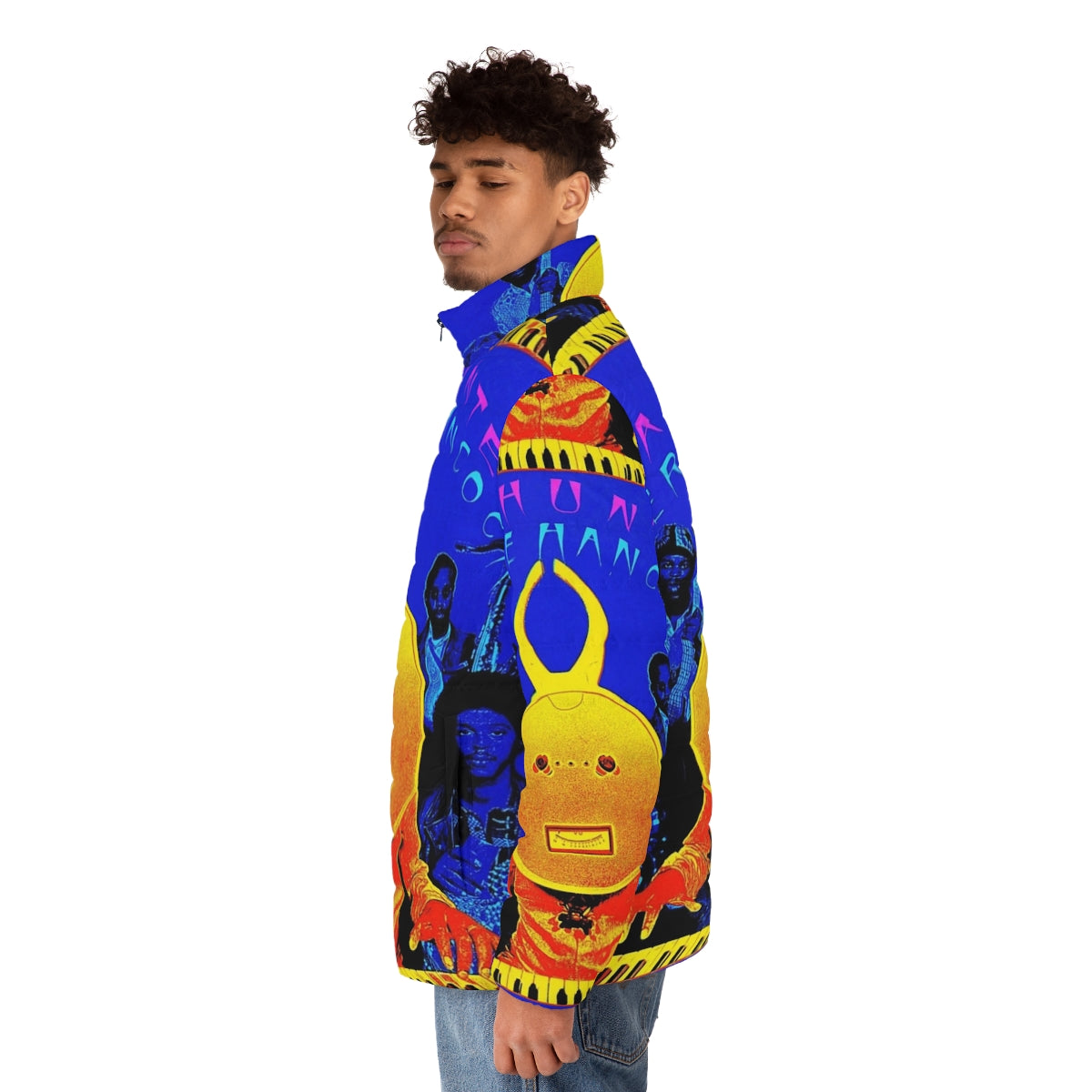 Puffer jacket inspired by the iconic Head Hunters album cover, featuring a vintage funk, soul, and jazz music design - men side left