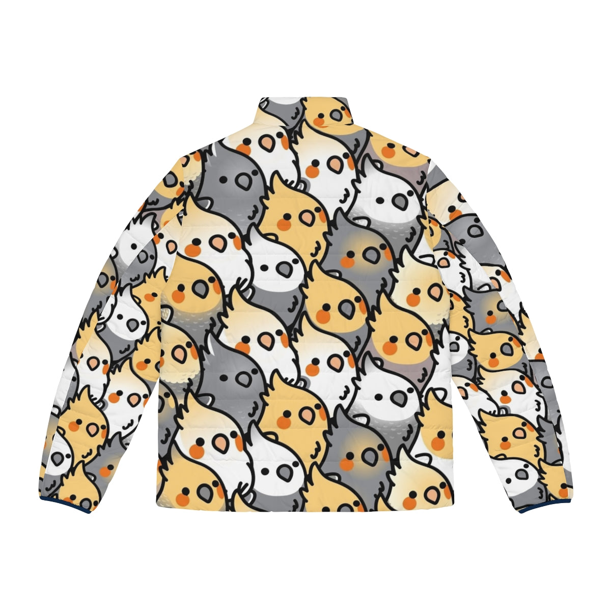 Colorful cockatiel puffer jacket with a fun party pattern - Back