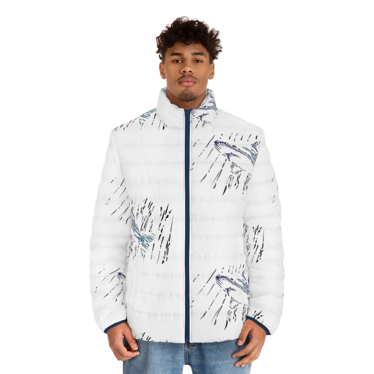 A stylish puffer jacket with an artistic, ocean-themed design - men front