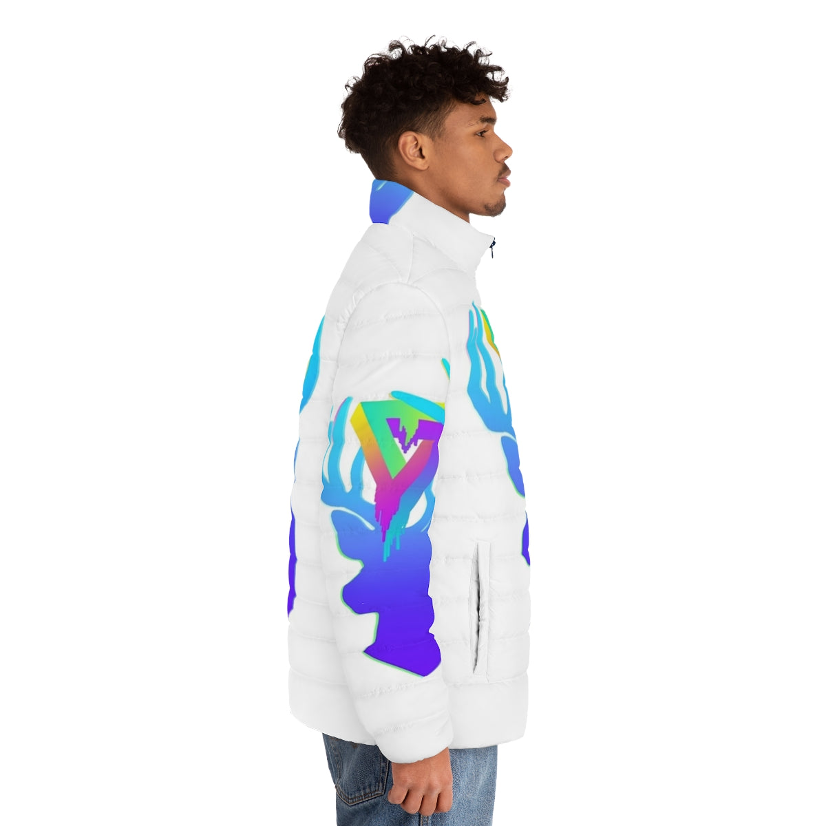 Neon deer print acrylic puffer jacket - men side right