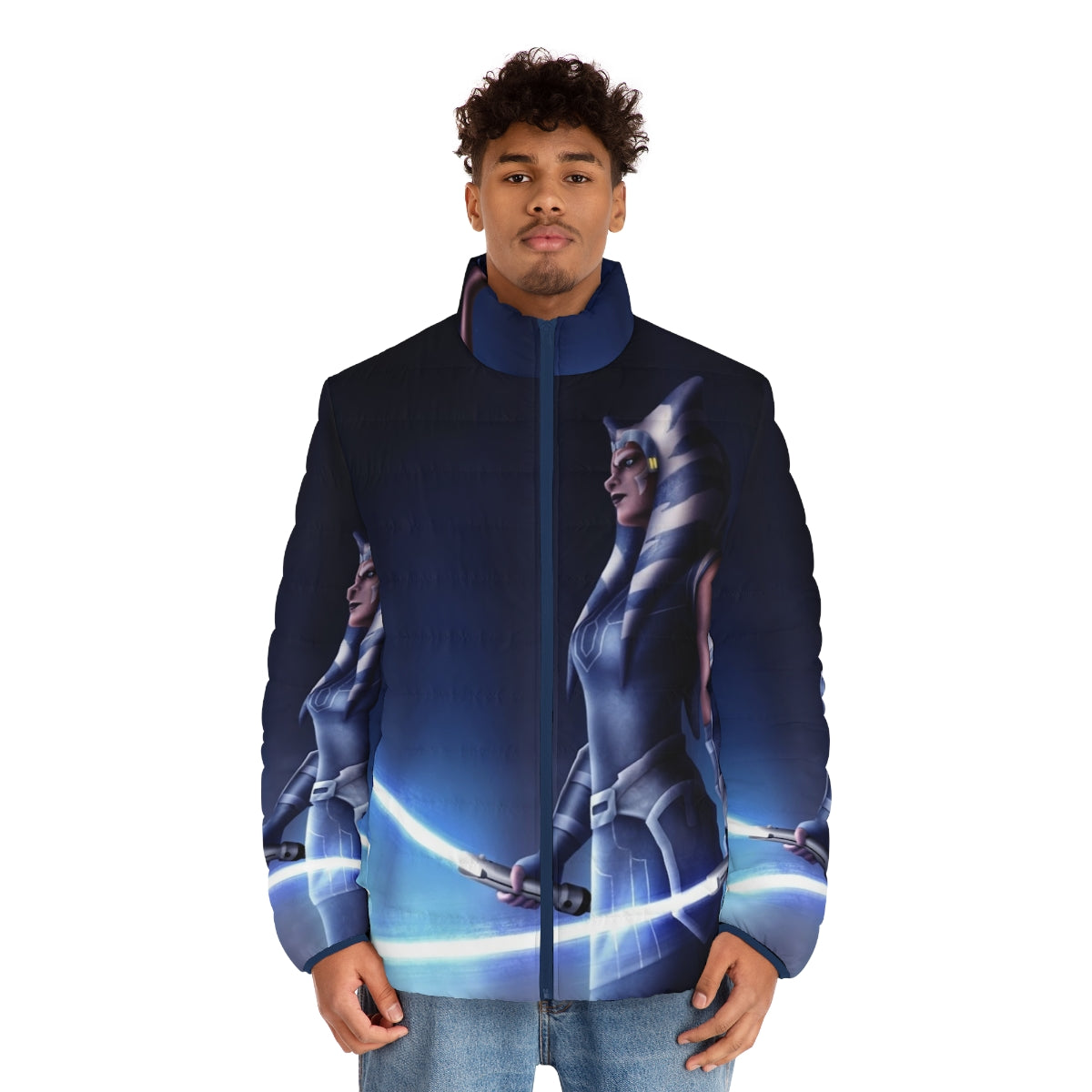 Ahsoka Tano puffer jacket with lightsabers and Togruta lekku - men front