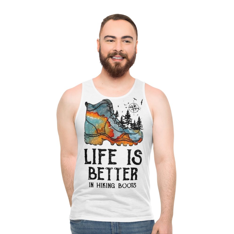 Unisex tank top with "Hiker Hobbies: Life is Better in Hiking Boots" design - men