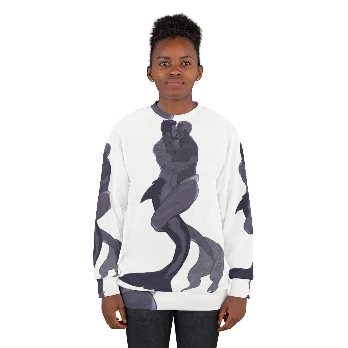 "Mermen in Love LGBTQ Sweatshirt featuring two muscular mermen embracing" - women