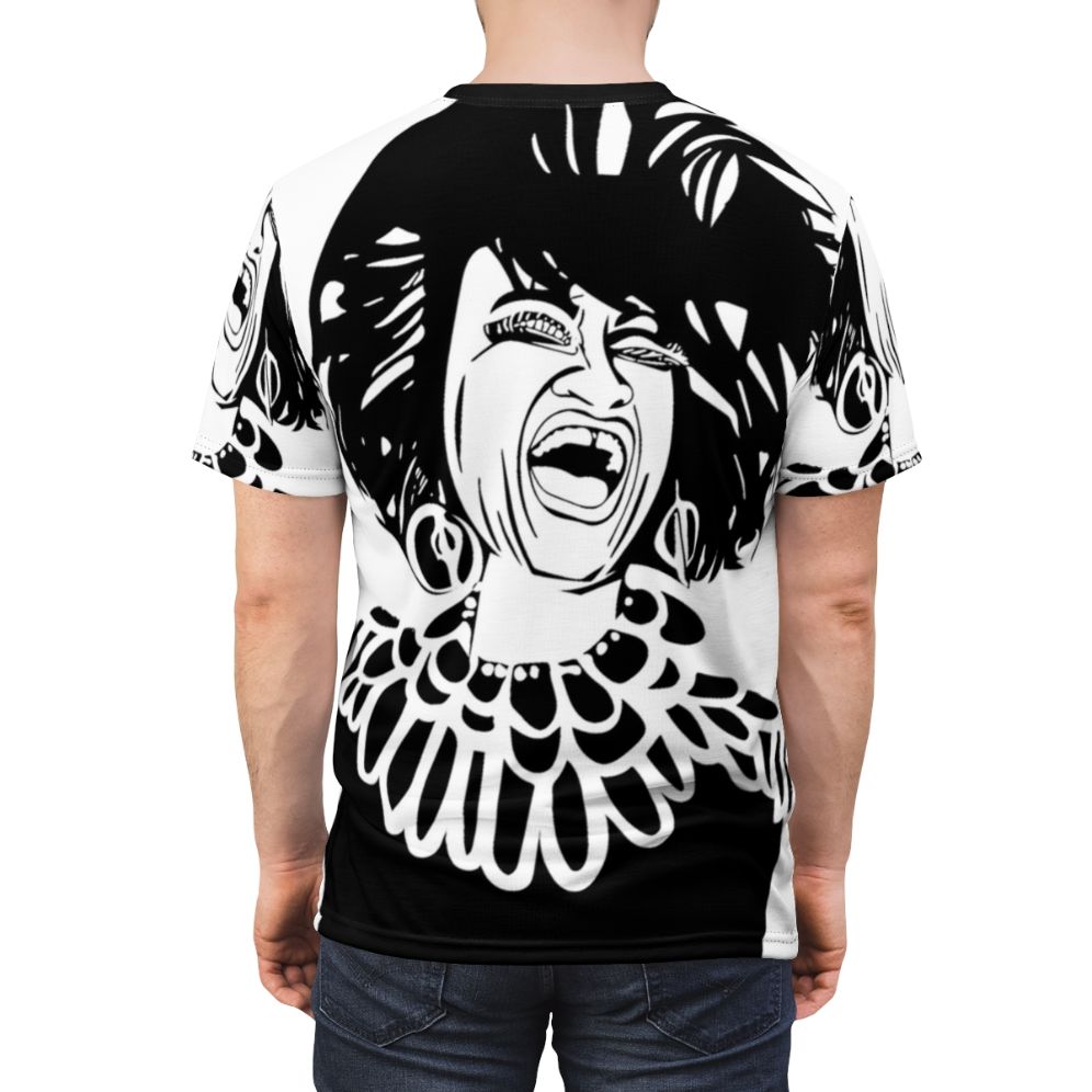 Stylized black and white portrait of Cuban singer Celia Cruz - men back