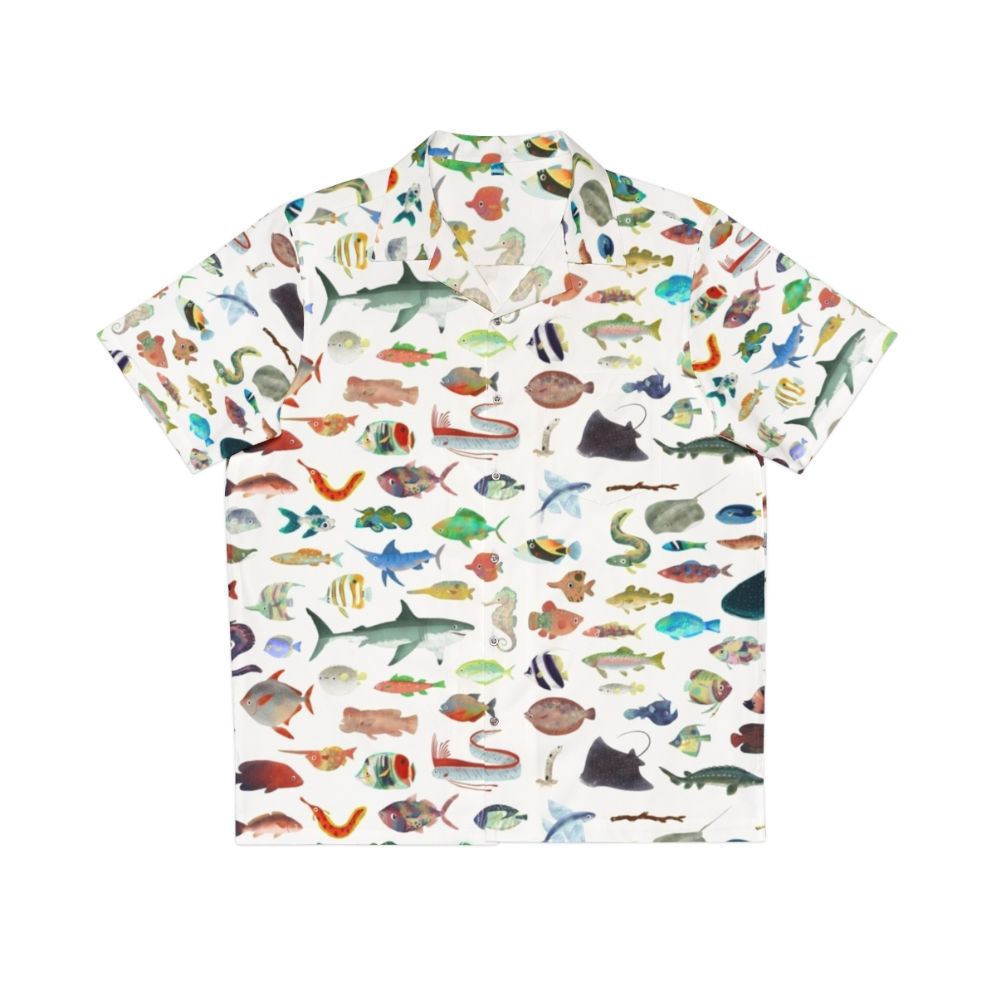 Colorful Hawaiian shirt featuring an ocean life design with tropical fish, sharks, and other marine animals