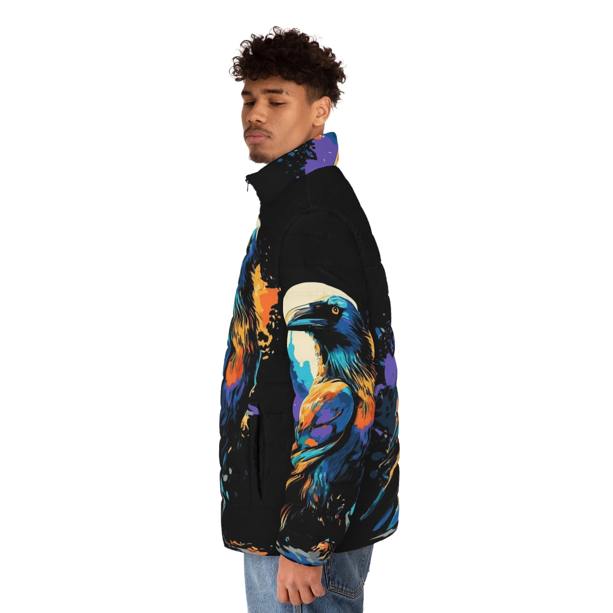 Colorful puffer jacket with a raven design for winter - men side left