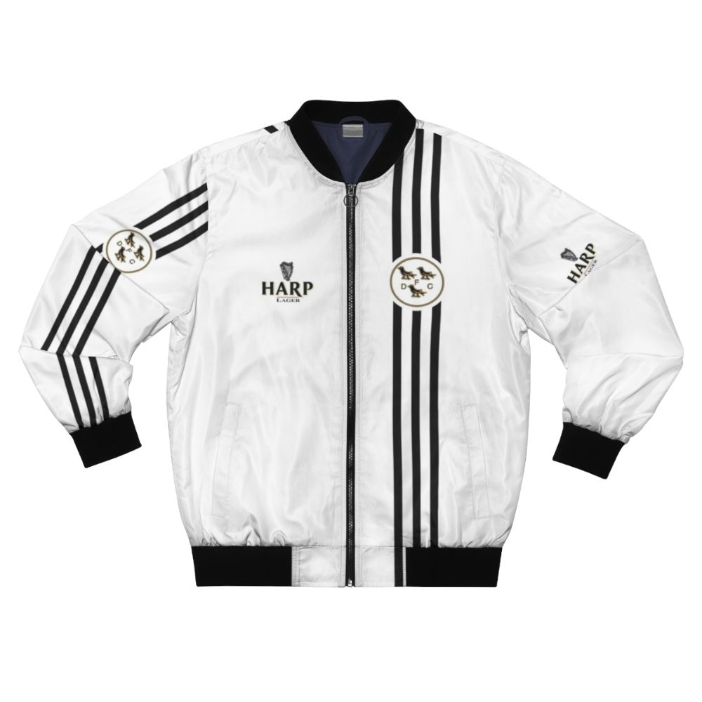 A retro bomber jacket featuring a classic Irish football shirt design.