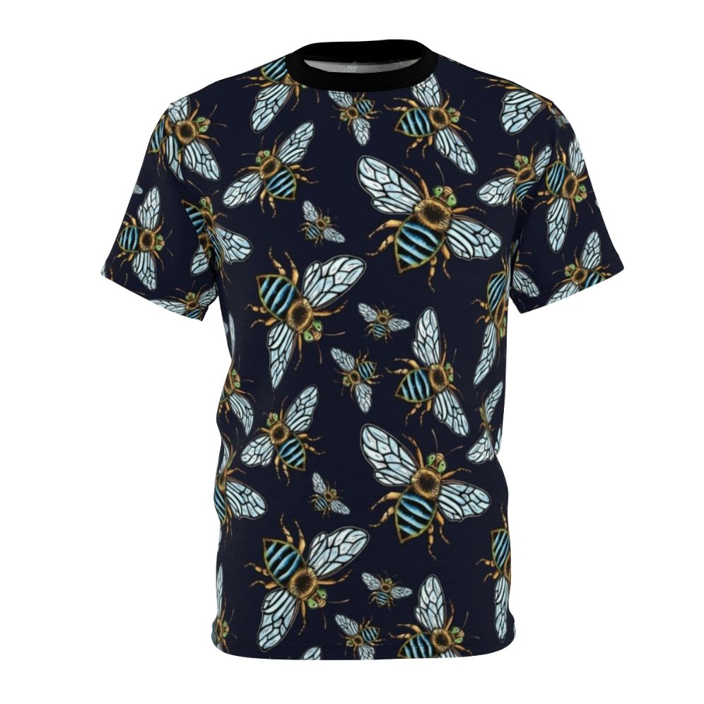 Model wearing a blue banded bee lino print t-shirt, a nature-inspired graphic design