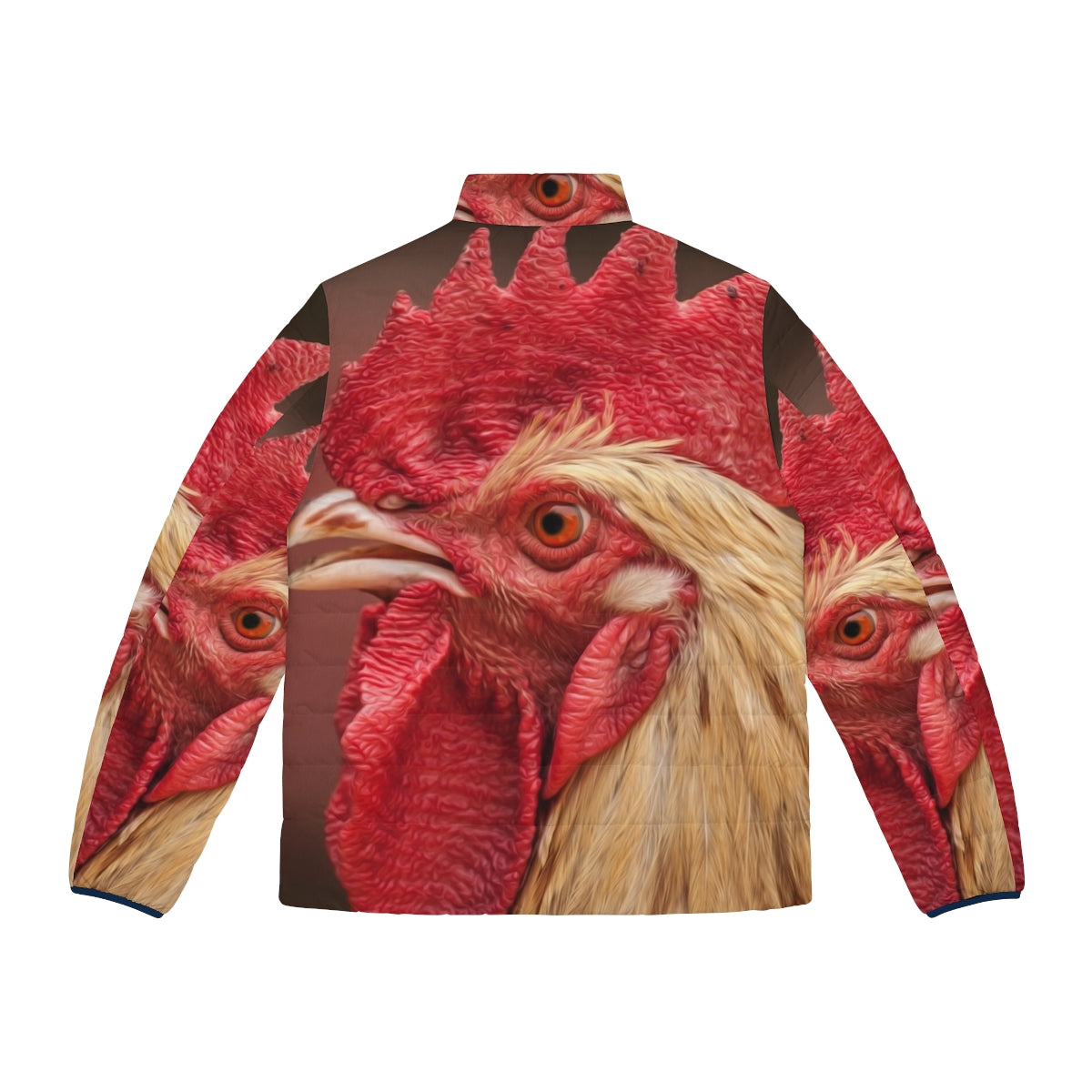 Rooster chicken puffer jacket in red with farm animal designs - Back