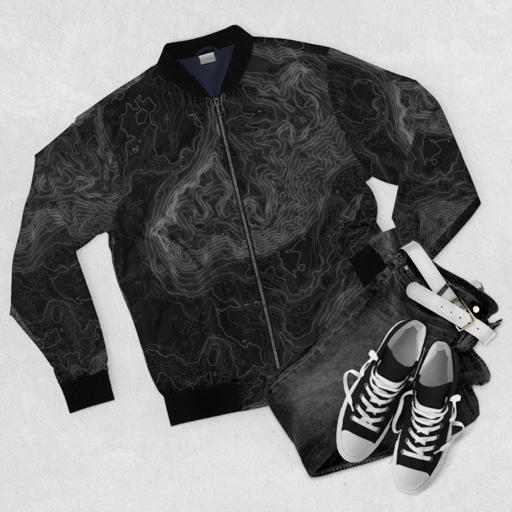 North Bend Topographical Map Bomber Jacket with Mountain and Hiking Iconography - Flat lay