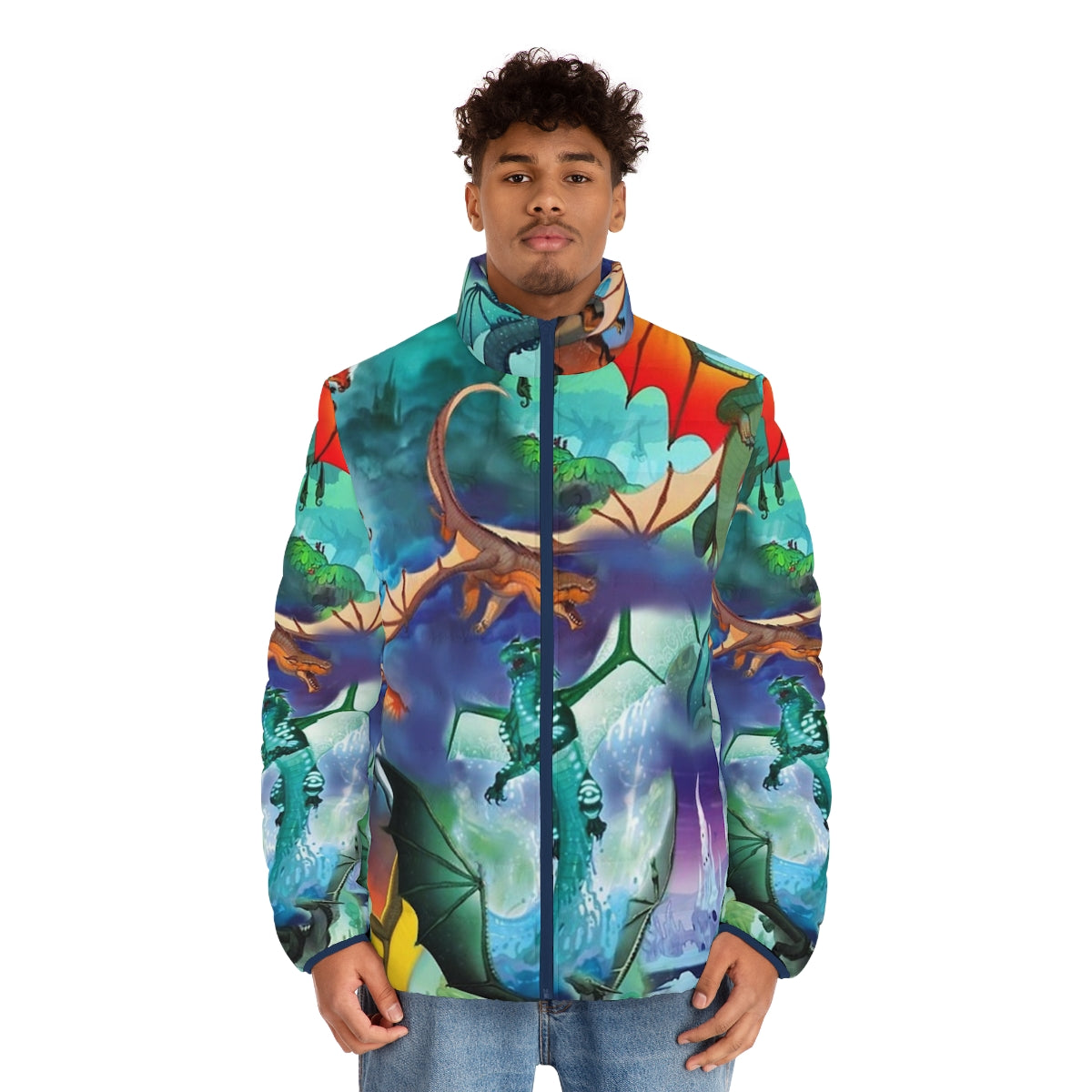 Dragon puffer jacket with colorful all dragon pattern background - men front