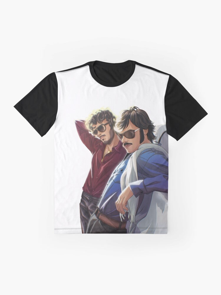 A graphic t-shirt featuring the iconic comedy music duo Flight of the Conchords - Flat lay