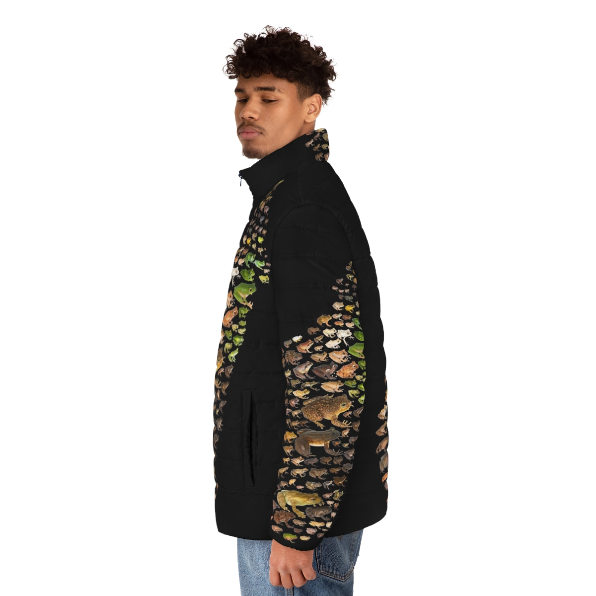 Madagascar Mantella Frogs Puffer Jacket featuring vibrant frog-inspired patterns - men side left