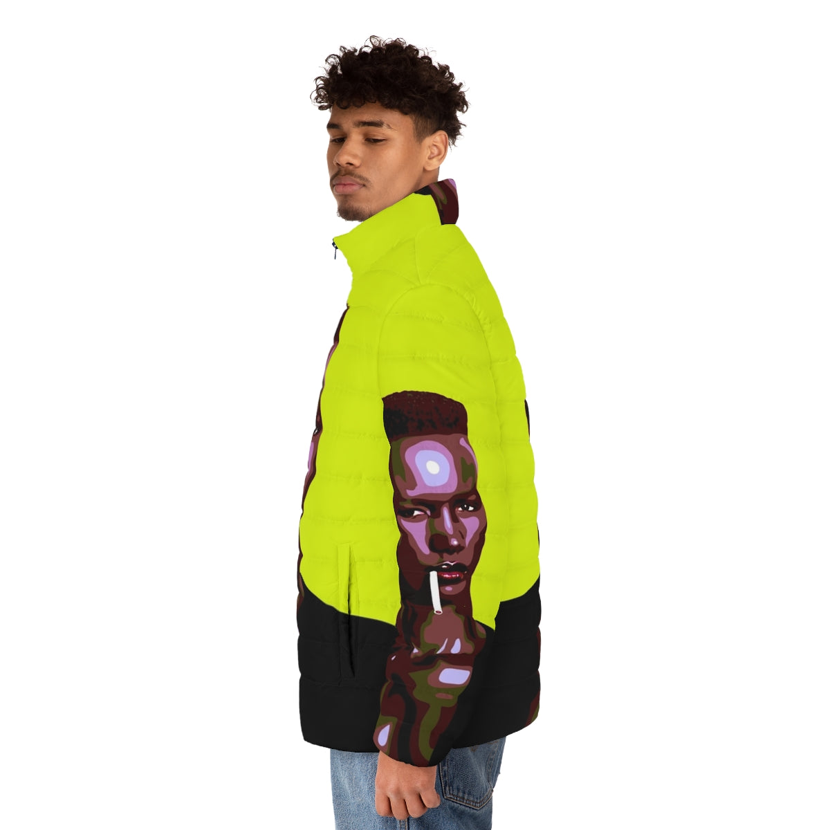 Warm leatherette puffer jacket in a pop art inspired 1980s style - men side left