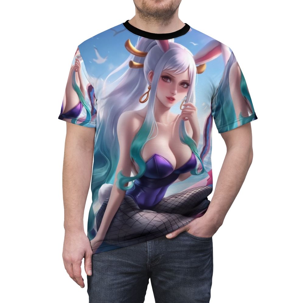 Anime-inspired t-shirt featuring a captivating oni-like character in fishnets and a bunny-themed outfit. - men front