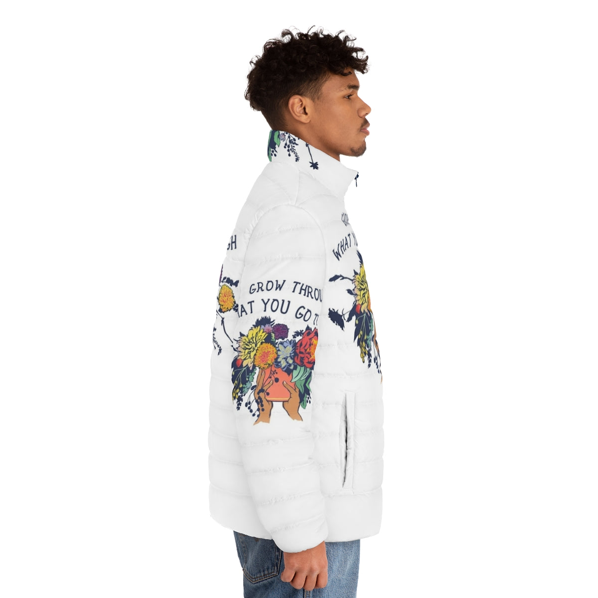 Puffer jacket with floral design and inspirational quote "Grow Through What You Go Through" - men side right