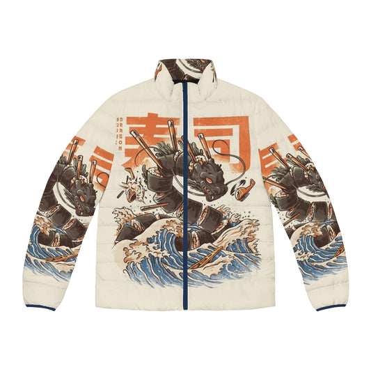 Vibrant puffer jacket featuring a fierce sushi dragon illustration in an anime-inspired, retro style