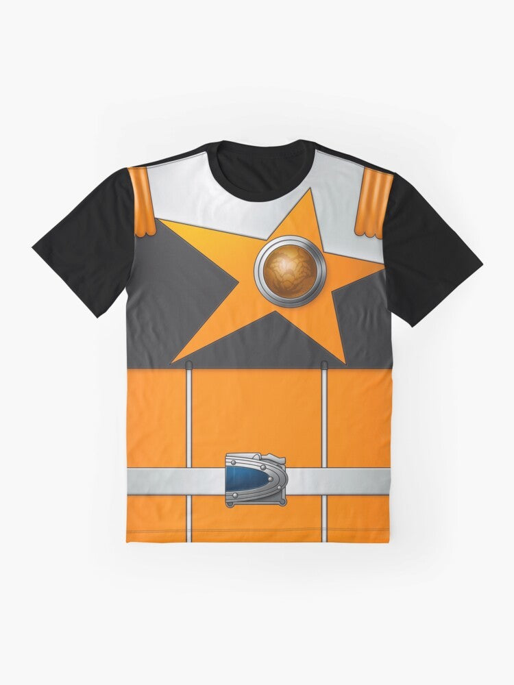 Sasoriorange Super Sentai graphic t-shirt featuring the Kyuranger character in orange and space-themed design - Flat lay