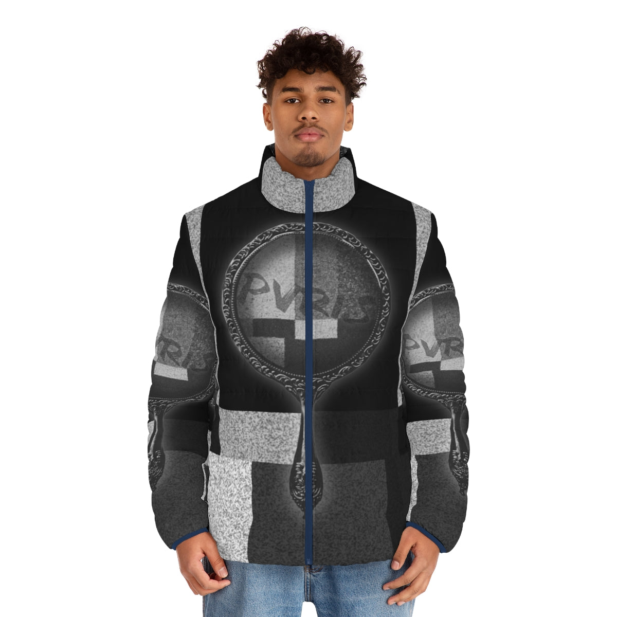 Pvris White Noise Puffer Jacket featuring the band's logo and artwork - men front